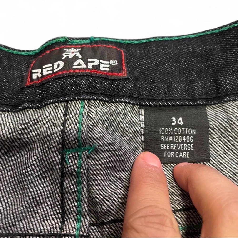 Vintage Red Ape Y2K Baggy Jeans Black Denim Green Contrast Stitching Size 34 - Picture 4 of 4